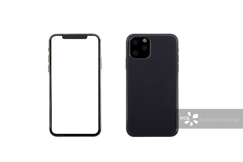 智能手机正面和背面透视图，隔离在白色背景上图片素材