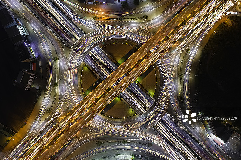 夜间环岛公路、高速公路和十字路口车灯轨迹的航拍景色图片素材