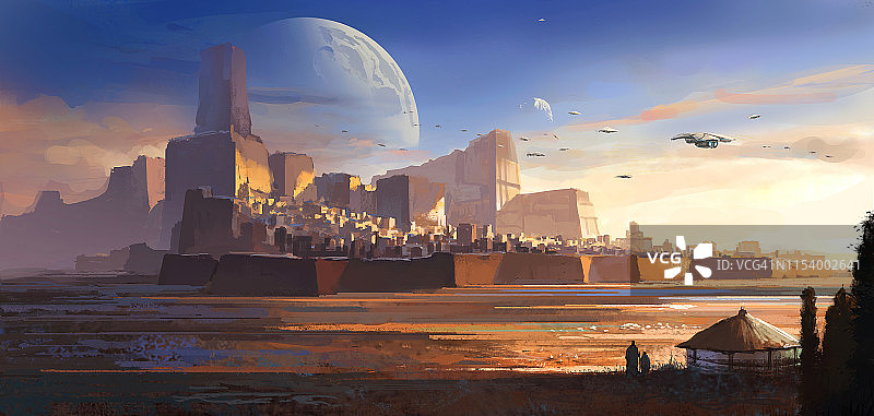 荒凉的外星沙漠城堡科幻插画3D渲染图片素材