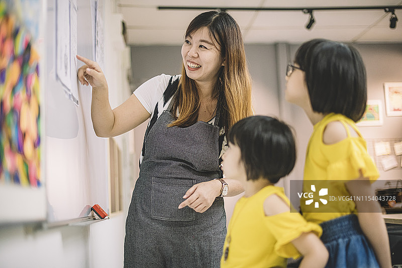 中国美术老师在白板上给学生展示绘画图片素材