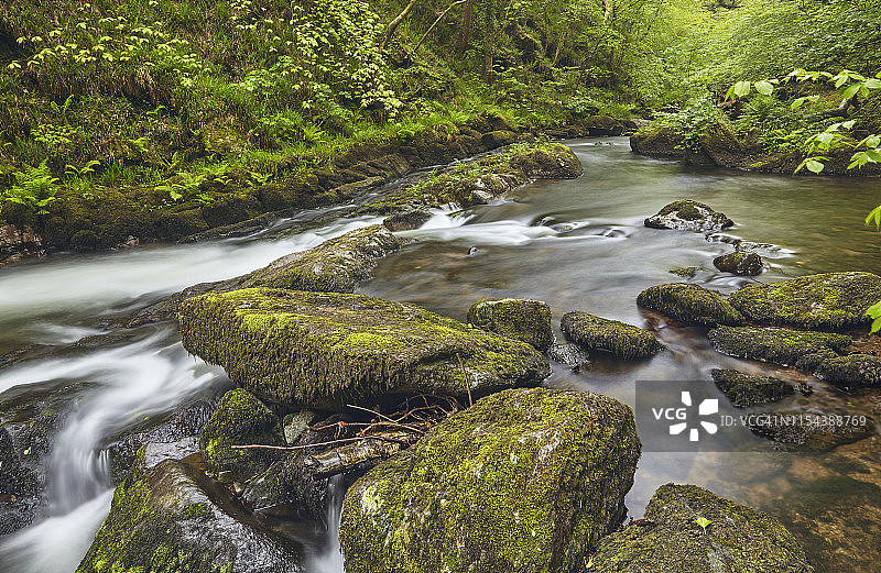 英国德文郡埃克斯穆尔国家公园林茅斯附近，流经古老林地的东琳河图片素材