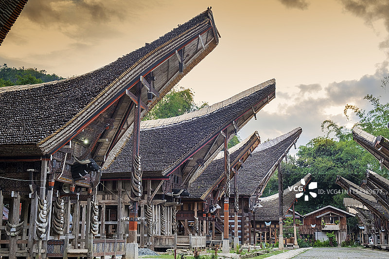 印度尼西亚苏拉威西岛塔纳托拉查的传统托拉aja Tongkonan长屋稻米农场村庄图片素材