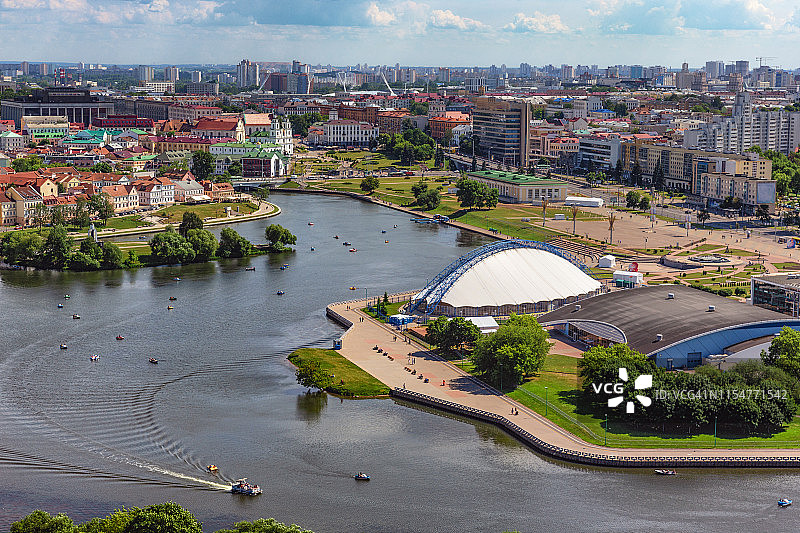 明斯克市夏季斯维斯洛奇河航拍图片素材