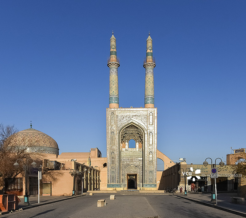 亚兹德聚礼清真寺的宣礼塔和外墙，伊朗，联合国教科文组织遗产图片素材