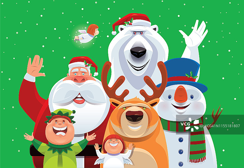 圣诞老人和朋友们挥手欢呼图片素材