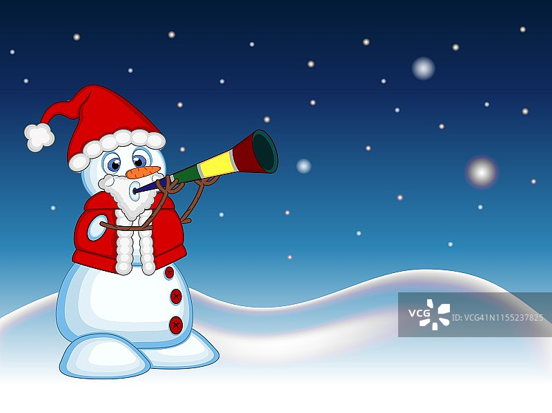 雪人穿着圣诞老人服装吹喇叭，星空雪山背景矢量插画图片素材