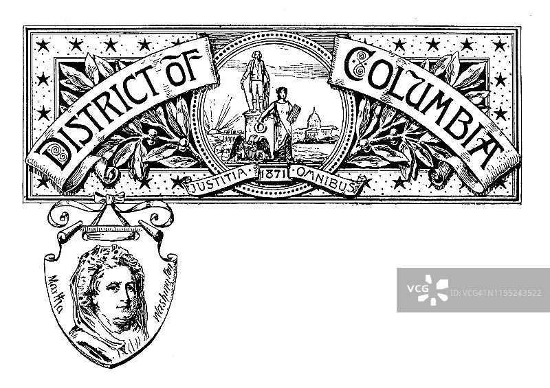 带有哥伦比亚特区徽章和地标，以及玛莎·华盛顿肖像的复古banner图片素材