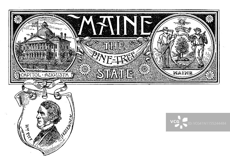 带有缅因州地标和皮特·费森登肖像的复古banner图片素材