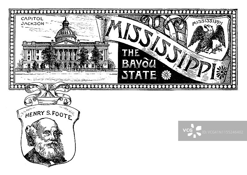 带有密西西比州徽章和地标的复古banner，亨利·S·富特肖像图片素材