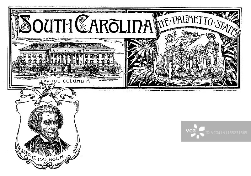 带有南卡罗来纳州地标和卡尔霍恩肖像的复古banner图片素材