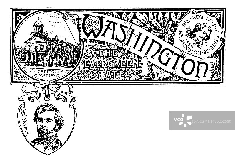 带有华盛顿地标和史蒂文斯肖像的复古banner图片素材