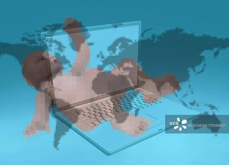 婴儿和笔记本电脑插画图片素材