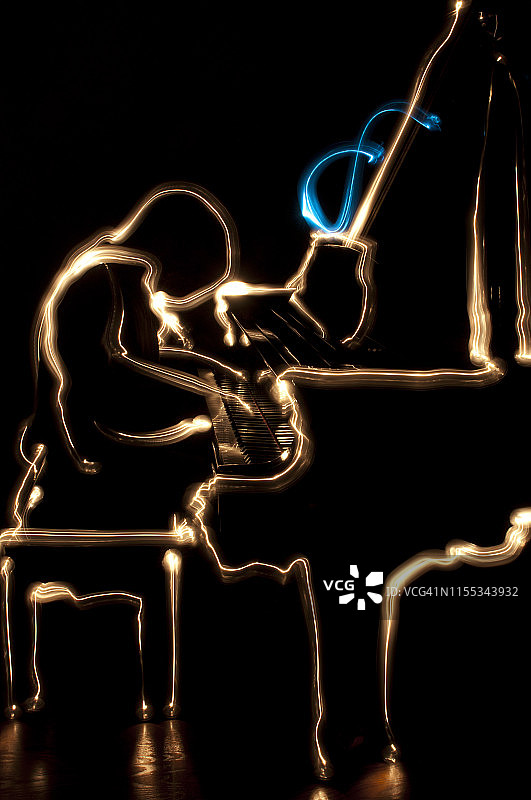 蓝色音符钢琴光绘图片素材