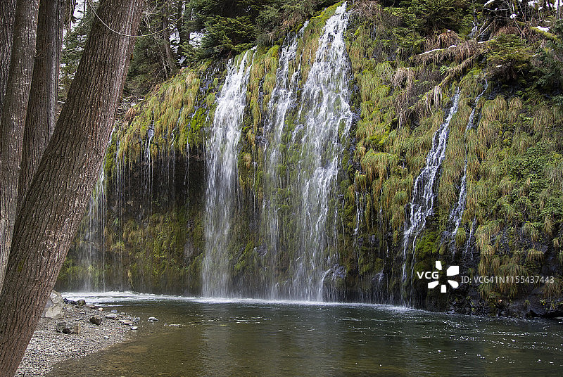 葱郁的绿色瀑布倾泻到宁静的森林水池中图片素材