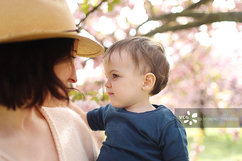 鲜花盛开的公园里，一位两岁男孩在母亲的怀里图片素材
