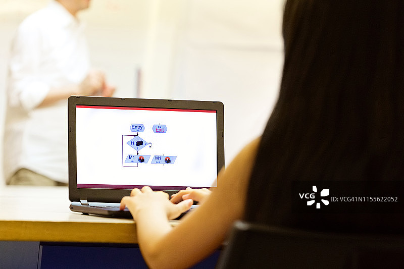 在课堂上用笔记本电脑学习编程的女孩图片素材