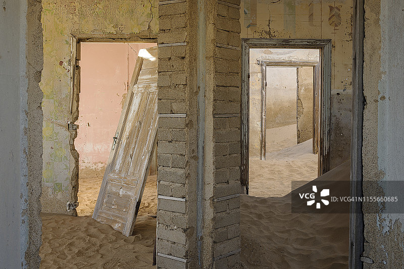 纳米比亚卡曼斯科废弃房屋中两个充满沙子的房间。全彩色水平图像。图片素材