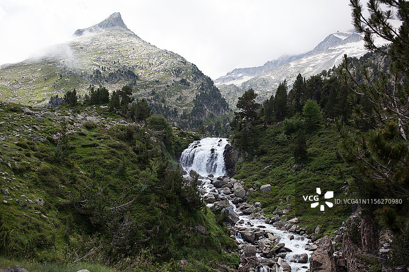 阿内托山峰旁的阿瓜卢茨瀑布和埃斯托斯河，广角镜头拍摄于晴朗的蓝天白云日，西班牙韦斯卡比利牛斯山脉图片素材