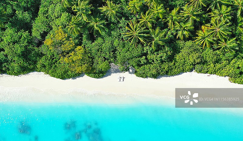 热带棕榈树白沙滩蓝色海洋的沙滩椅高角度视图图片素材