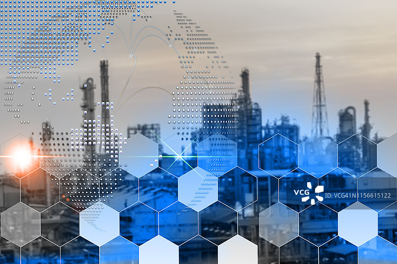炼油厂与多边形线条连接的双重曝光，石化背景图片素材
