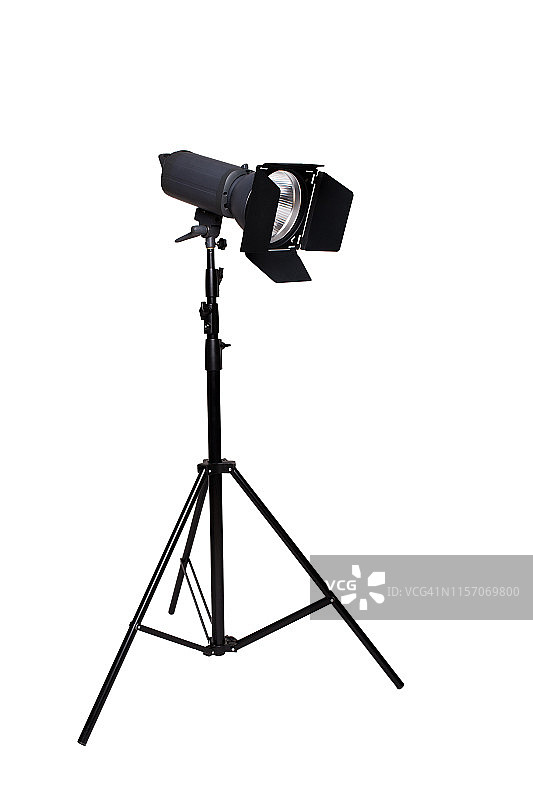白色背景上隔离的三脚架影棚闪光灯图片素材