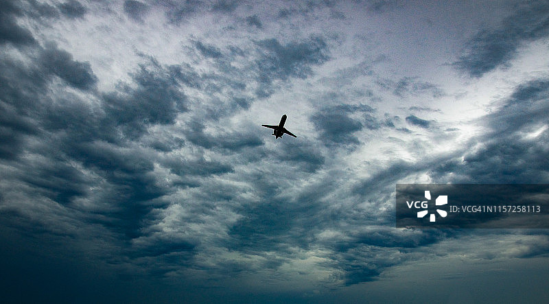 多云天空中的商用喷气式飞机图片素材