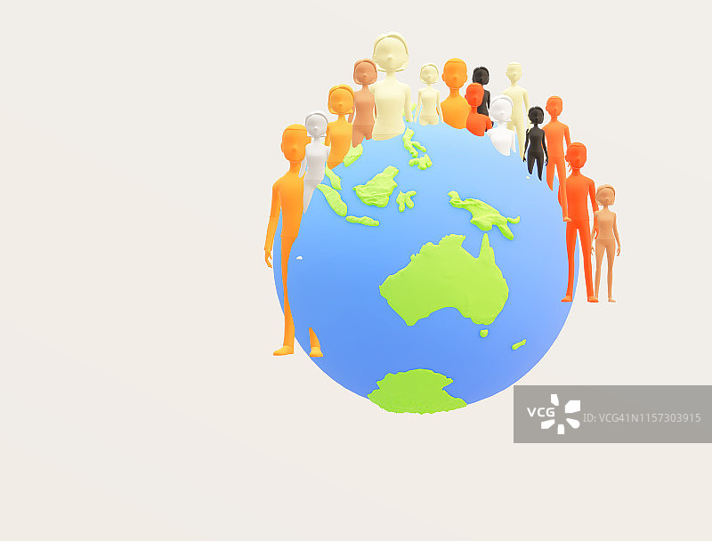 以澳大利亚为特色的世界地球和不同肤色人种的插画图片素材