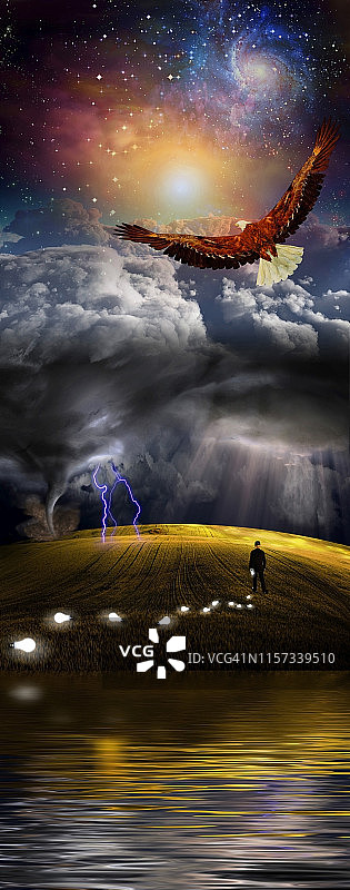 老鹰飞越风暴，人丢失了灯泡或想法图片素材