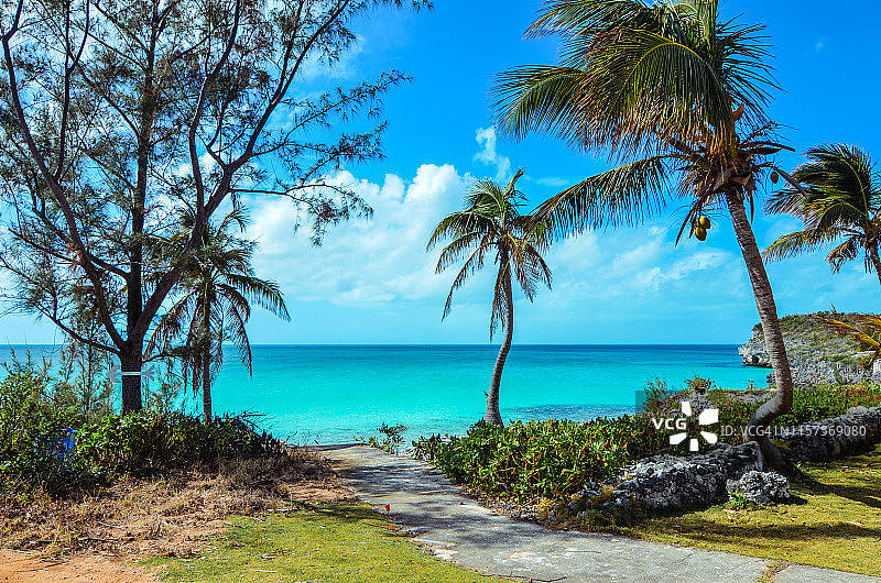 巴哈马群岛伊柳塞拉岛热带海滩的步行道图片素材