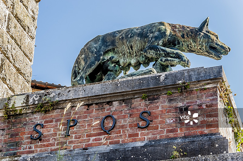 锡耶纳狼雕像和S P Q S字母仰视图图片素材