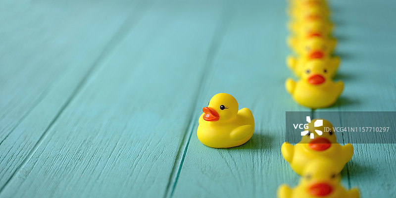 一排黄色小鸭玩具，一只打破队列，在绿松石色木纹背景上展现独立自主的概念图片素材