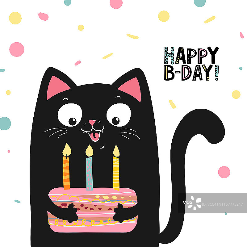 快乐的黑猫与生日蛋糕矢量插画（EPS 10）图片素材