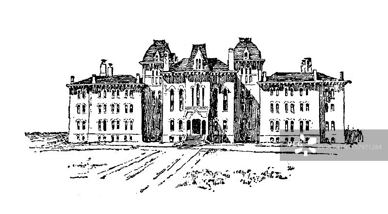 美国堪萨斯州劳伦斯市堪萨斯大学古董插画图片素材