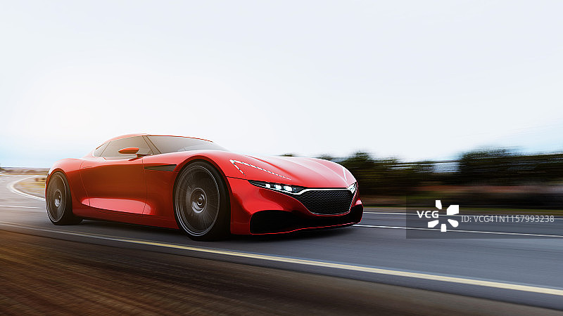 红色汽车在山路上行驶图片素材