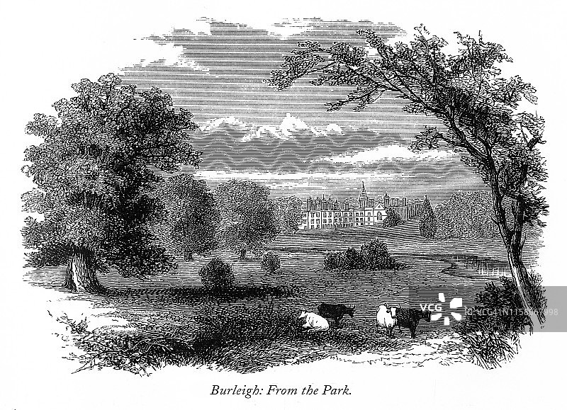 英国维多利亚时代版画：莱斯特郡伯利大厅公园，1875年图片素材