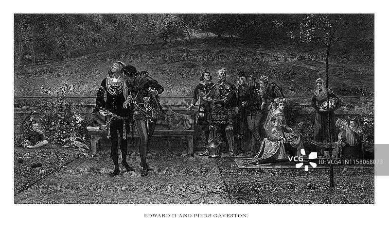 爱德华二世与皮尔斯·加韦斯顿，英国维多利亚时代雕刻，1875年图片素材