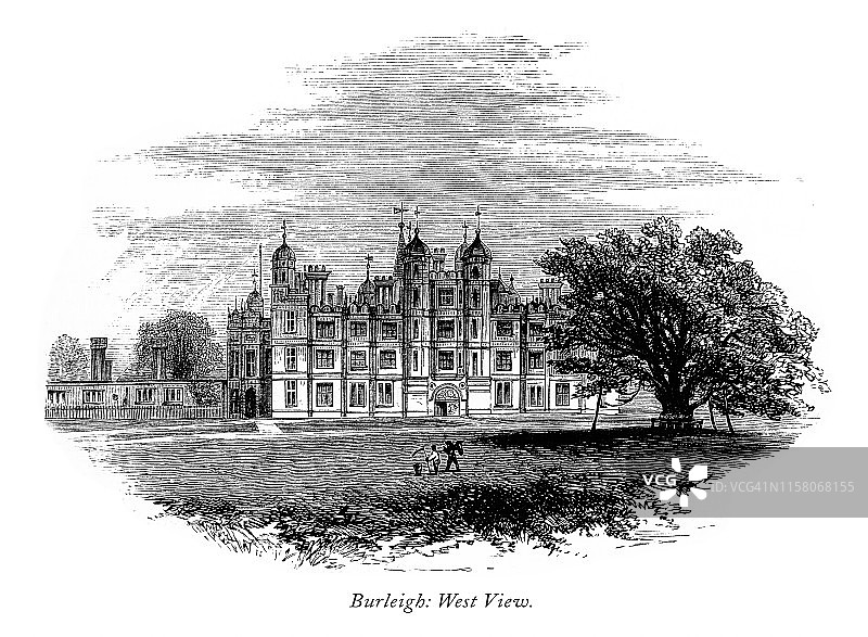 英国维多利亚时代版画：莱斯特郡伯利豪西侧景观，1875年图片素材