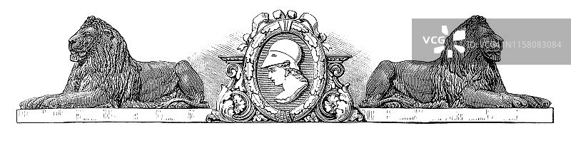 装饰狮子书挡和年轻女子肖像（1875年英国维多利亚时代雕刻）图片素材