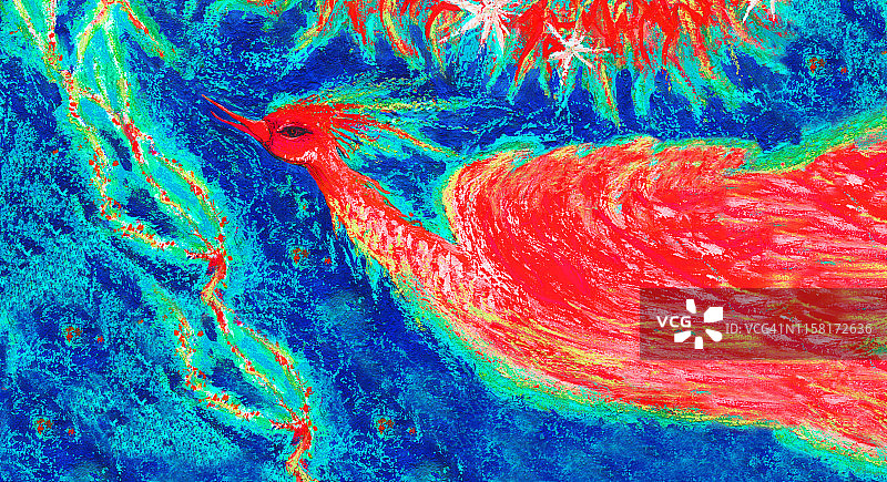 现代时尚插画：红色幸福鸟飞行油画图片素材