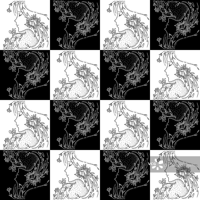 黑白处女座与花卉植物无缝纹理图案图片素材