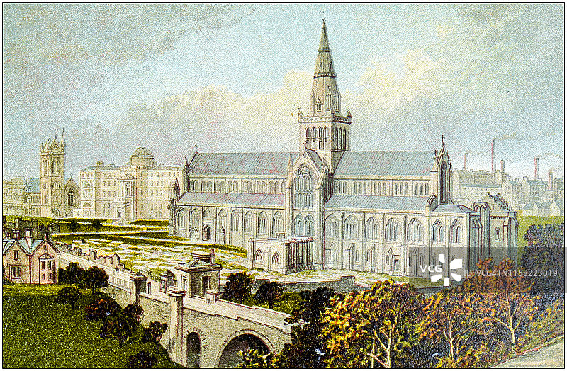 苏格兰城市、湖泊和山脉的古董画：格拉斯哥大教堂图片素材