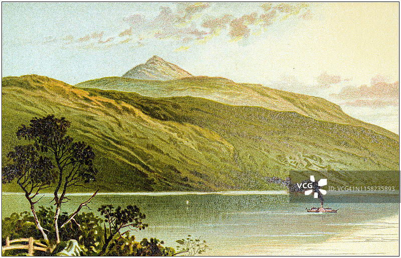 苏格兰城市、湖泊和山脉的复古画作：从塔贝特看到的本·洛蒙德山图片素材