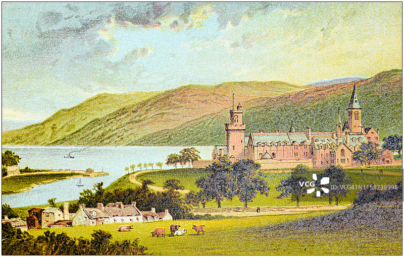 苏格兰城市、湖泊和山脉古董画作：奥古斯都堡修道院图片素材