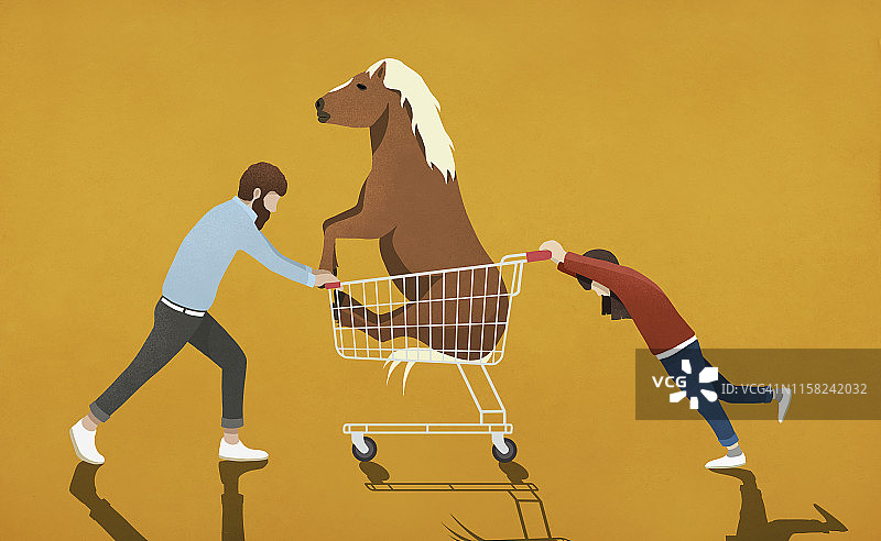 父亲阻止女儿推装有小马的购物车图片素材