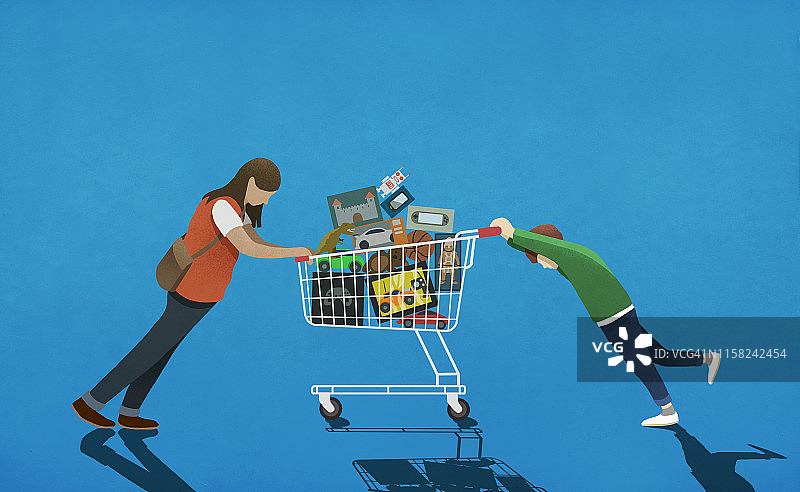 母亲阻止儿子推满玩具的购物车图片素材