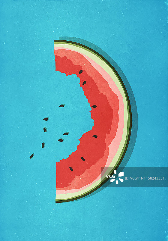 蓝色背景上半个吃过的西瓜片和瓜子图片素材