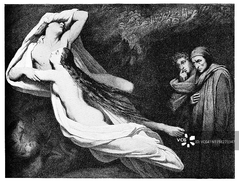 谢弗作品：但丁和维吉尔评价弗朗西斯卡·达·里米尼和保罗·马拉泰斯塔 - 19世纪图片素材