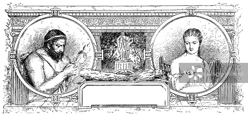 查尔斯·格莱尔创作的《赫拉克勒斯和翁法勒》元素 - 19世纪图片素材