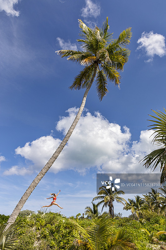 女孩在巴哈马伊柳塞拉岛的棕榈树旁跳跃图片素材