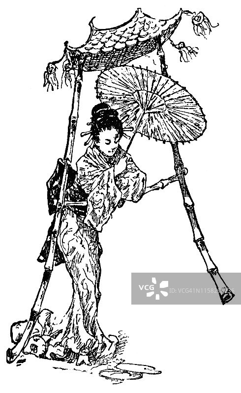 字母A与日本艺伎 - 19世纪风格图片素材